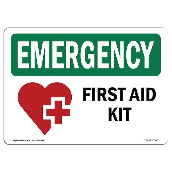 Safety Sign, OSHA EMERGENCY, 7" Height, Aluminum, First Aid Kit, Landscape